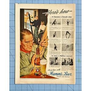 1949 Hamm's Beer Smooth & Mellow Skiers How to Ski Print Ad